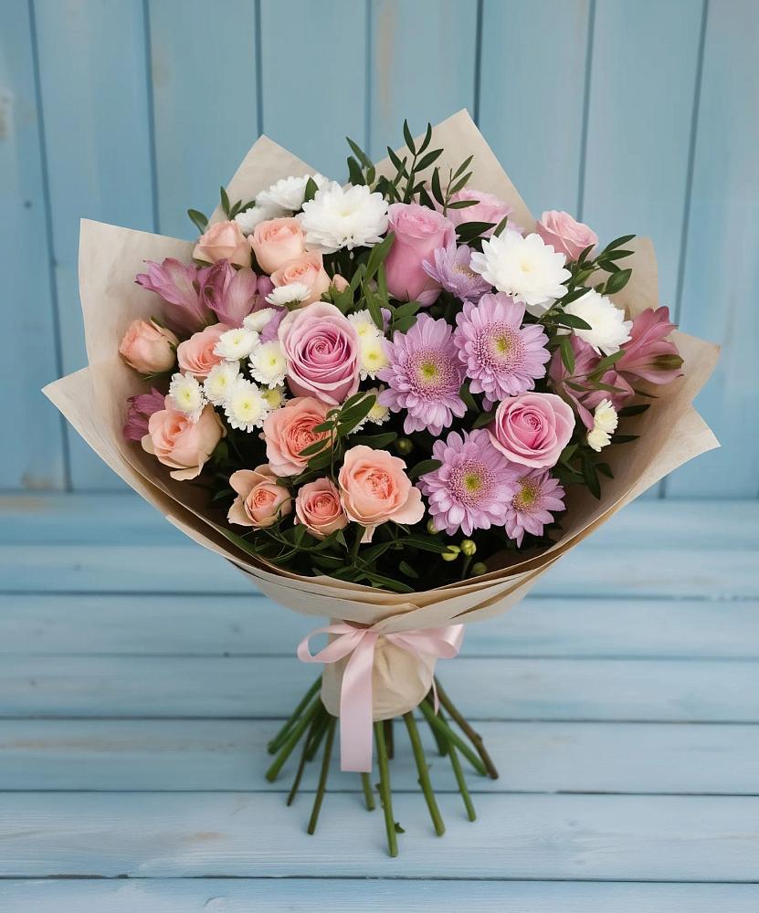 Букет цветов из: Хризантемы, Розы и Альстромерии в Дондуковской