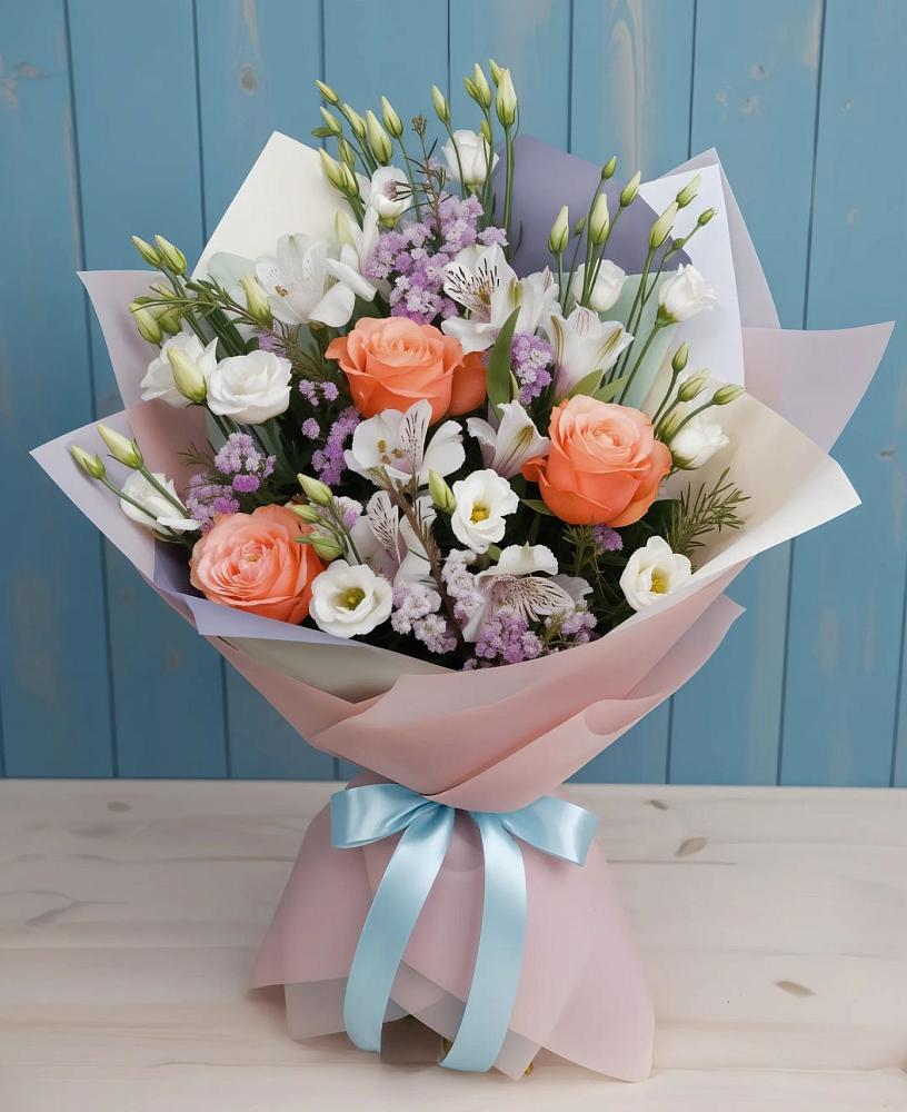 Букет цветов из: Лизиантусы, Розы, Альстромерии и Гипсофила в Дондуковской